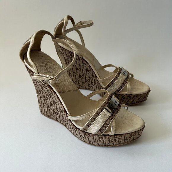DIOR DIORISSIMO BEIGE WEDGE SANDALS - Picture 1 of 10